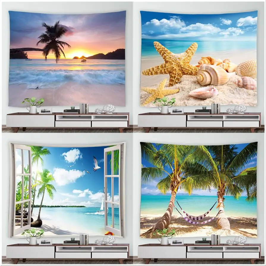 

Tropical Hawaii Scenery Tapestry Ocean Beach Palm Tree Starfish Shells Nature Landscape Tapestries Living Room Dorm Wall Hanging