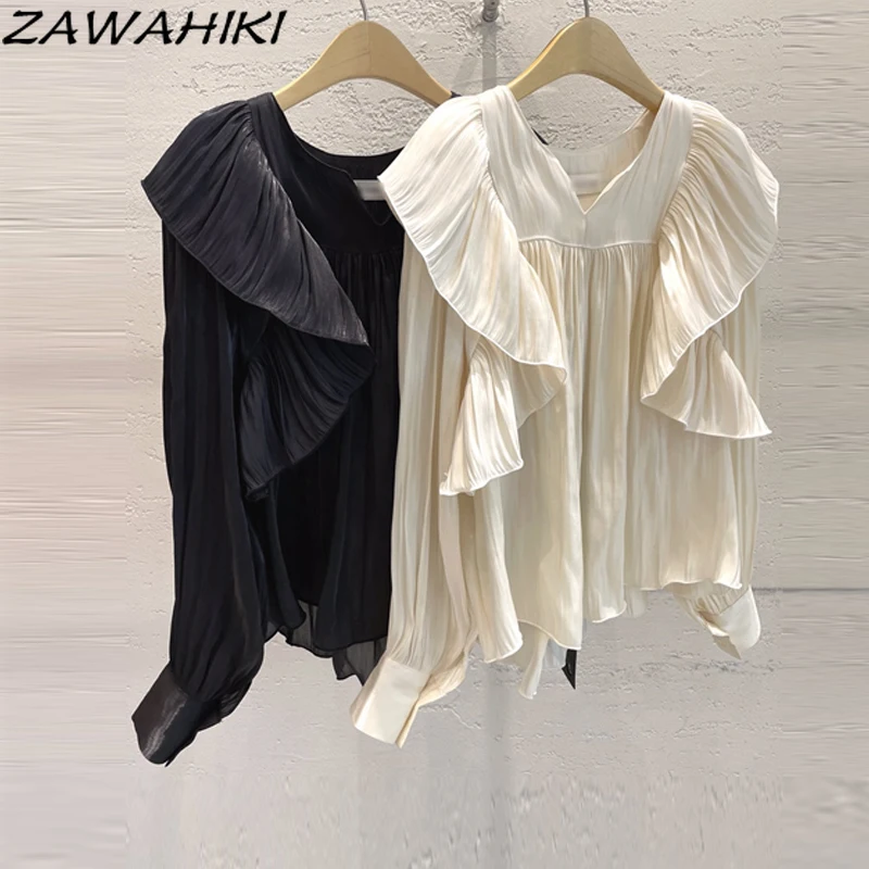 ZAWAHIKI Vintage Elegant Women's Blouse 2021 Spring/Autumn V-Neck Ruffles Patchwork Pleated Solid Tops Puff Sleeve Shirts
ZAWAHIKI Vintage Elegant Women's Blouse 2021 Spring/Autumn V-Neck Ruffles Patchwork Pleated Solid Tops Puff Sleeve Shirts