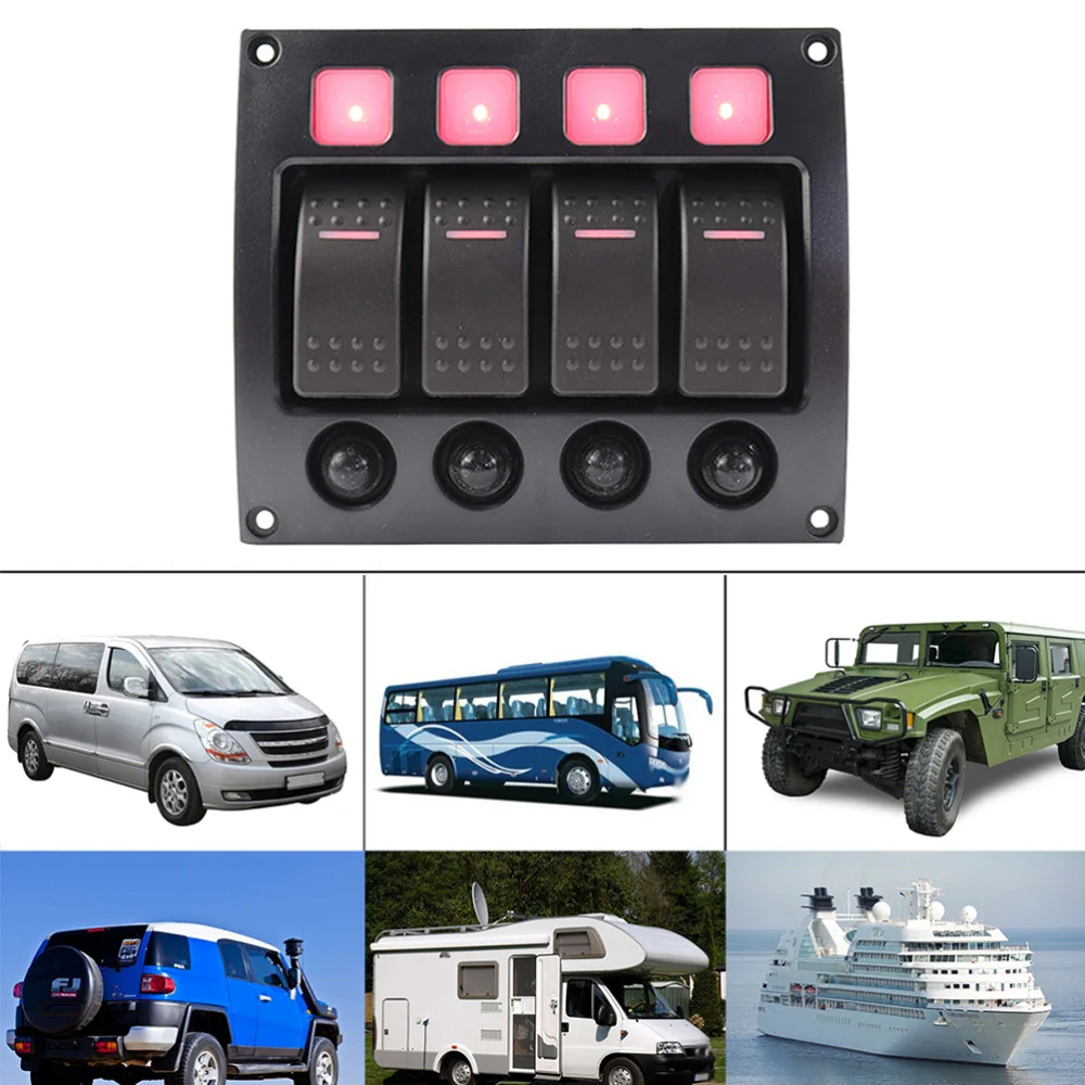 12V/24V IP66 Waterproof 4 Gang LED Indicator Curved Switch Panel with Circuit Breakers for Car RV Yacht Truck Bus - Red Light (B
12V/24V IP66 Waterproof 4 Gang LED Indicator Curved Switch Panel with Circuit Breakers for Car RV Yacht Truck Bus - Red Light (B