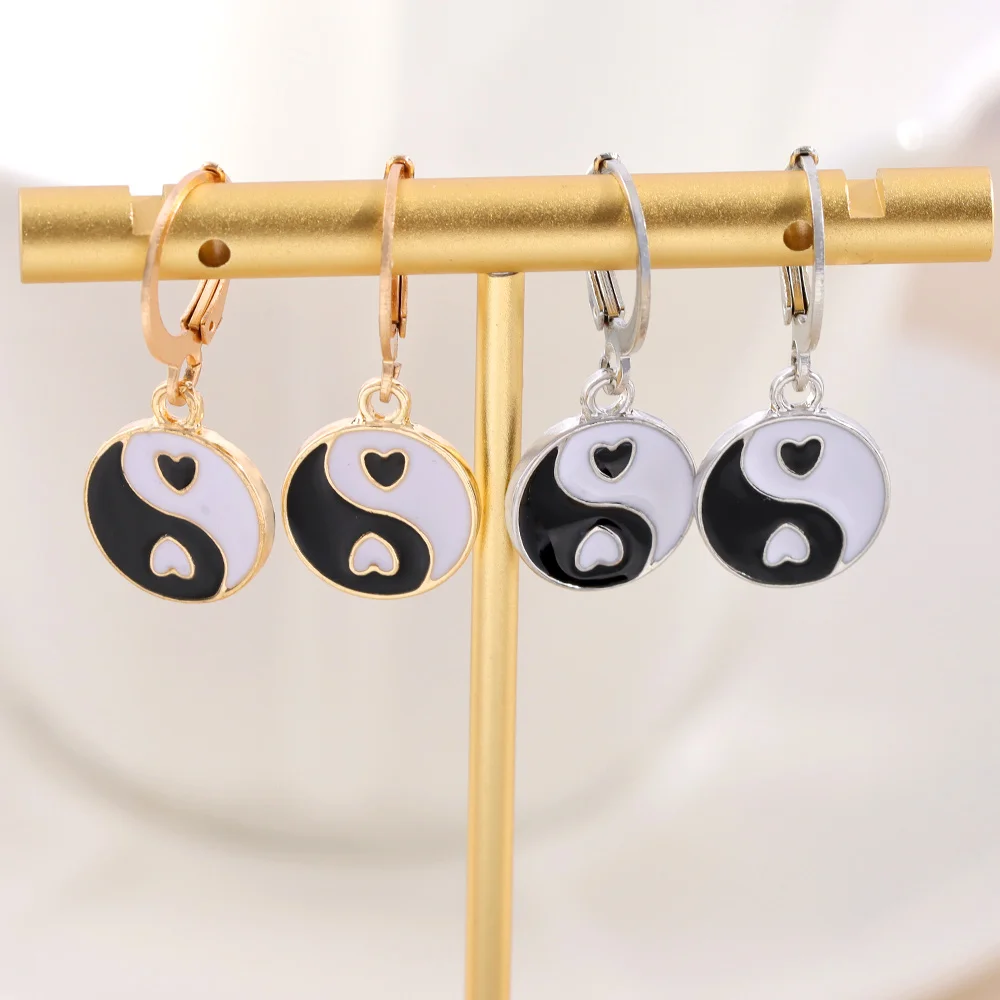 

Trendy Black White Tai Chi Drop Earrings For Women Gold Silver Color Metal Enamel Glazed Bagua Dangle Earring Geometric Jewelry