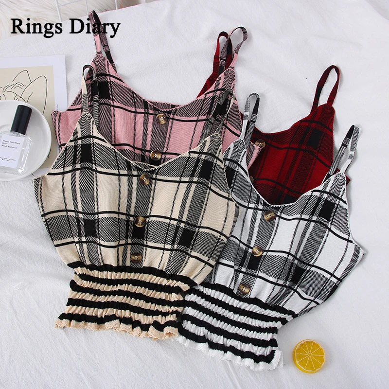 Rings Diary Women Crop Tops Summer Plaid Short Knitted Spaghetti Strap Tanks Tops Sexy Backless Ruffle Hem Casual Shirts Button
Rings Diary Women Crop Tops Summer Plaid Short Knitted Spaghetti Strap Tanks Tops Sexy Backless Ruffle Hem Casual Shirts Button
