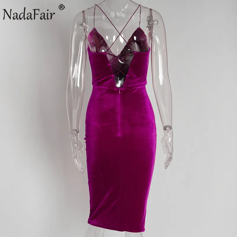 Nadafair миди бархатное Бандажное облегающее вечерние платье с v-образным вырезом