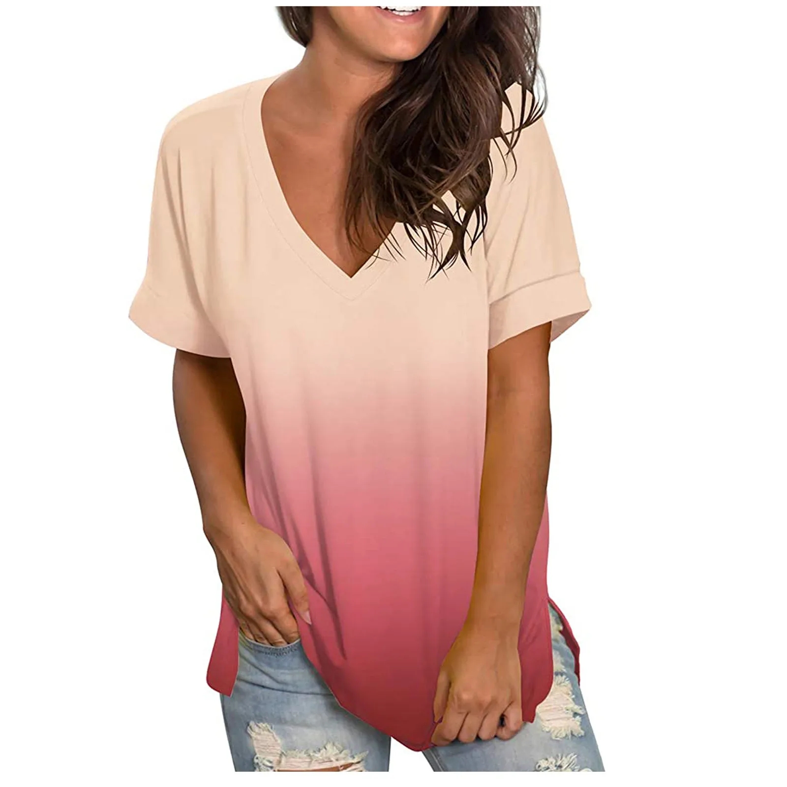 Women's Loose T-shirt Casual Gradient V-neck Short Sleeve Loose T-shirt Tops Ladies Leisure Tops Streetwear Tee Shirt
Women's Loose T-shirt Casual Gradient V-neck Short Sleeve Loose T-shirt Tops Ladies Leisure Tops Streetwear Tee Shirt