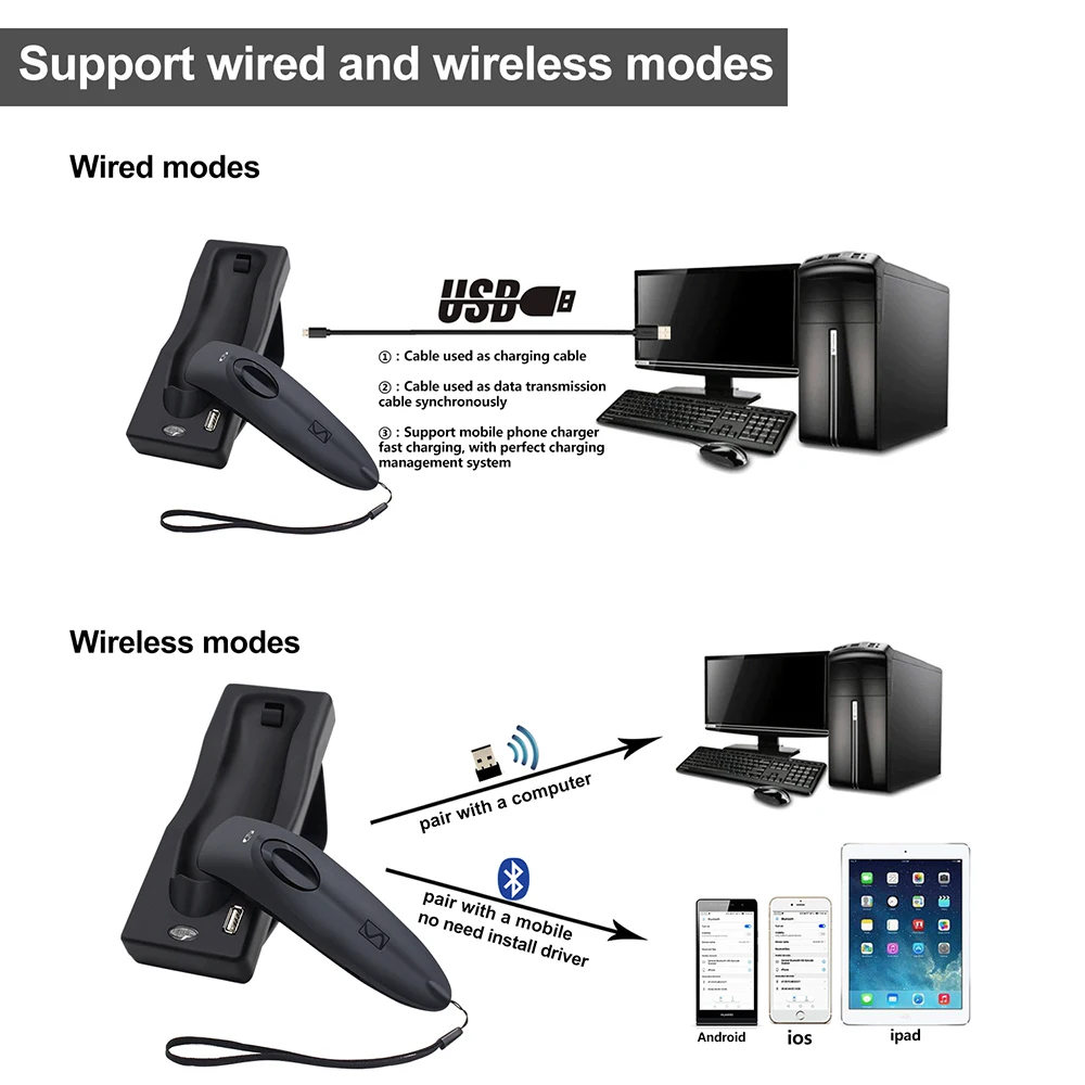 1D 2D Bluetooth беспроводной сканер штрих-кода Symcode USB 2 4G QR-код datamtribe X PDF417 считыватель