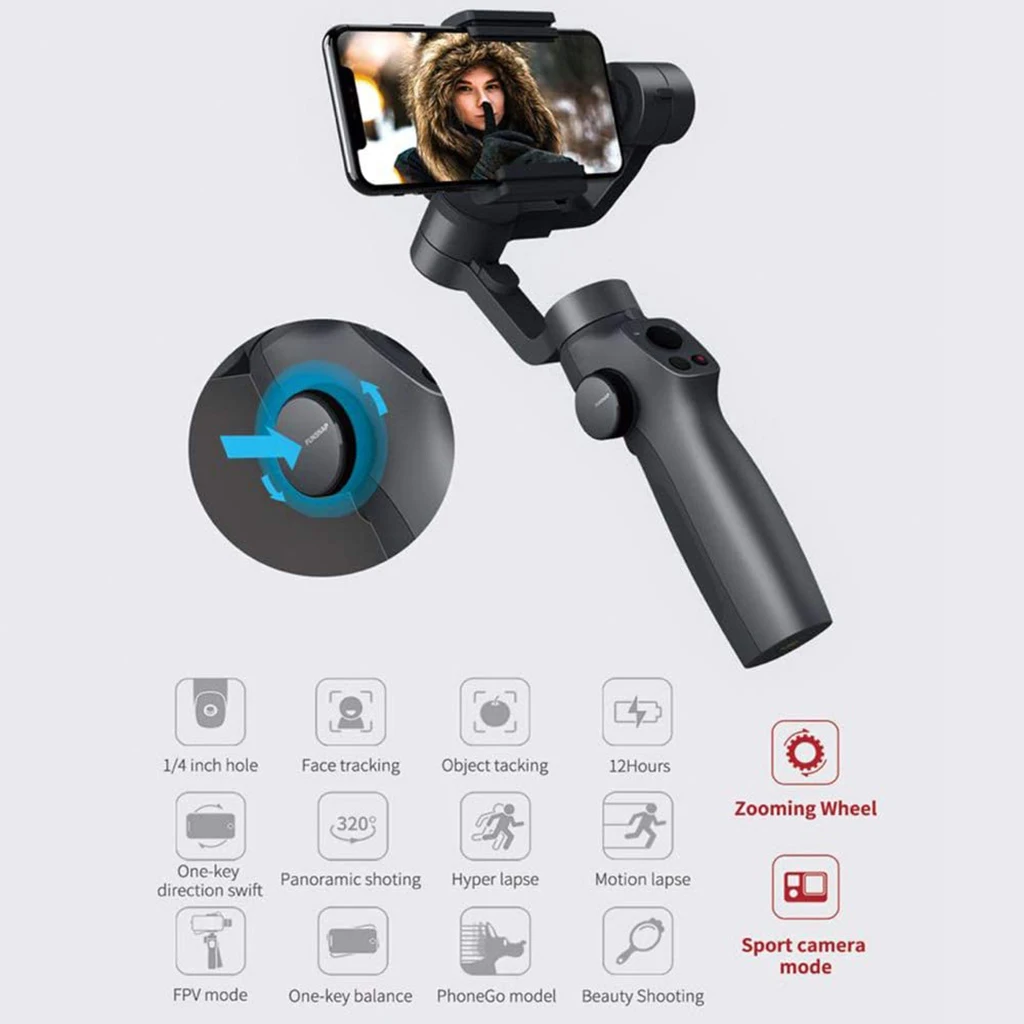 Handheld 3-Axis Gimbal Stabilizer for Vlog Live Video Record with Sport Inception Mode Face Object Tracking Motion Time-Lapse
Handheld 3-Axis Gimbal Stabilizer for Vlog Live Video Record with Sport Inception Mode Face Object Tracking Motion Time-Lapse