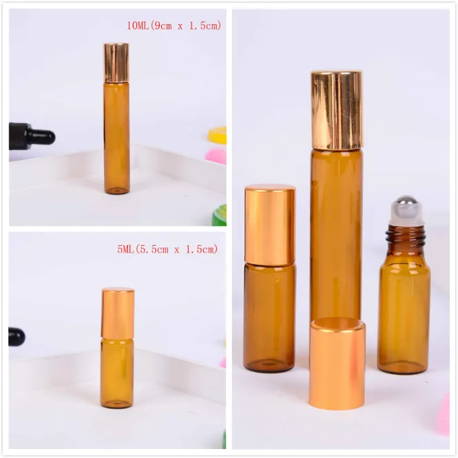 

AACAR 10mL 5ML Amber Roll On Roller Bottle for Essential Oils Refillable Perfume Bottle Deodorant Containers with Gold lid