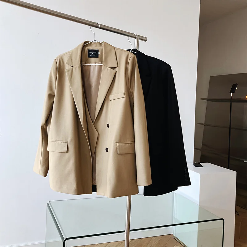 

Spring 2021 Elegant Women Blazer Double Placket Design Sense Suit Jacket Female Korean Black Khaki Loose Casual Suit Coat
