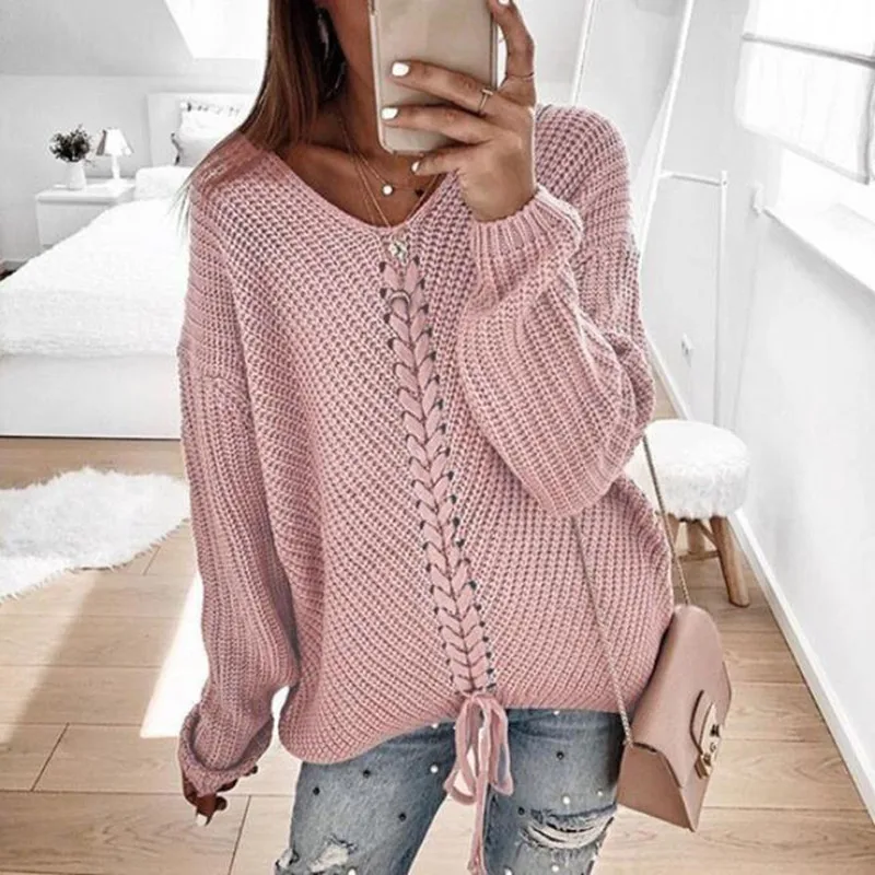 Women knitted criss-cross oversized sweater Long sleeve v neck cloth sweater Pink gray burgundy solid pullover 
Women knitted criss-cross oversized sweater Long sleeve v neck cloth sweater Pink gray burgundy solid pullover
