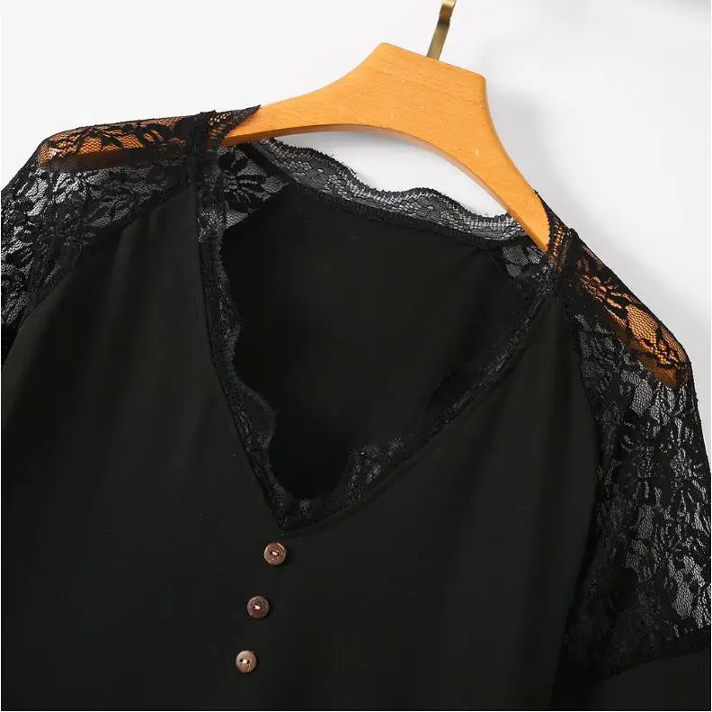 Sexy Black T-Shirts Women Pop Summer Solid V-Neck Mesh Patchwork Design Button Decor See Through Short Sleeve Slim Pullover Tops
Sexy Black T-Shirts Women Pop Summer Solid V-Neck Mesh Patchwork Design Button Decor See Through Short Sleeve Slim Pullover Tops