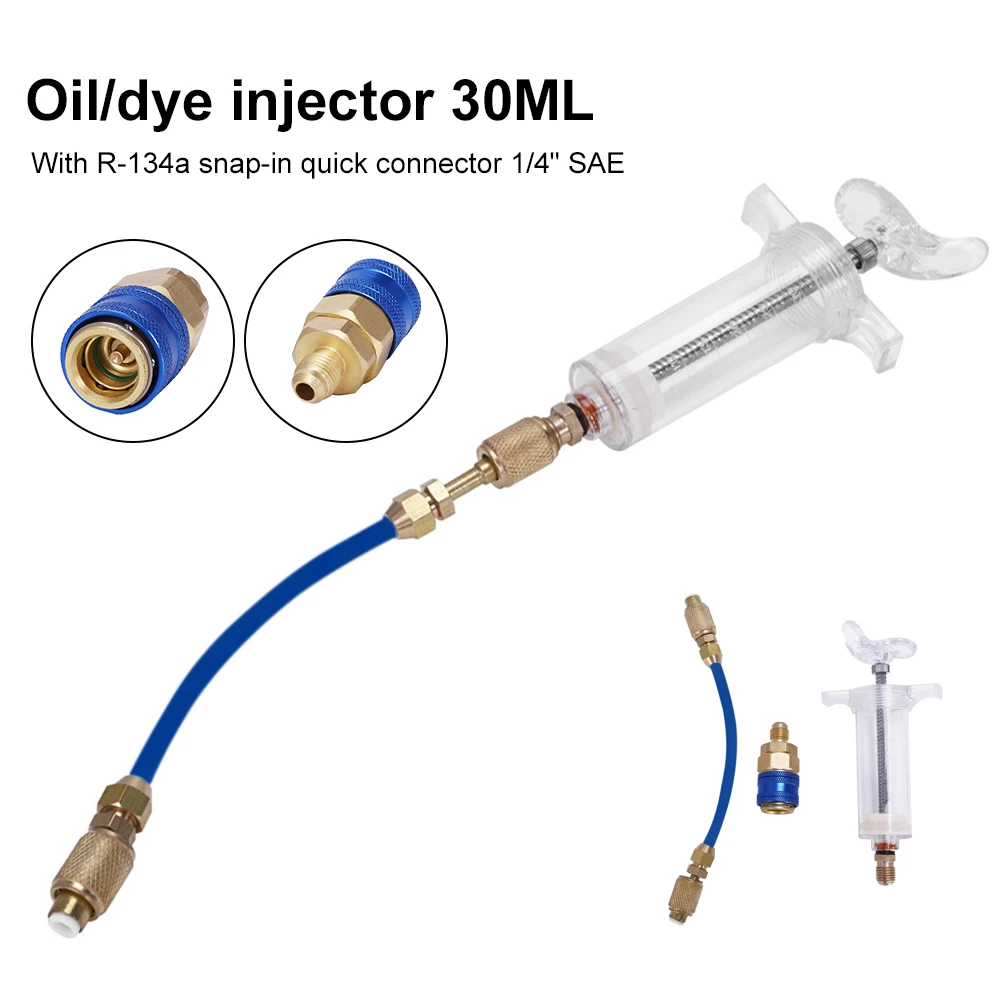 A/C Oil And Dye Injector With R-134a Snap Quick Coupler 1/4" SAE 1OZ Hand Turn Screw-in Coolant Filling Tube Injection Tools
A/C Oil And Dye Injector With R-134a Snap Quick Coupler 1/4" SAE 1OZ Hand Turn Screw-in Coolant Filling Tube Injection Tools