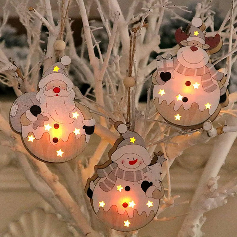 

LED Burr Free Christmas Pendant Wood Cute Santa Claus Elk Snowman Shape LED Ornaments Delicate Craft Festival Decoration