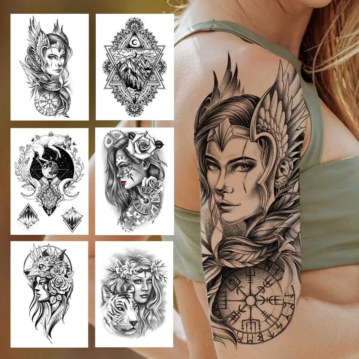 Compass Warrior Temporary Tattoos For Women Men Adult Black Sexy Lady Tiger Wolf Tattoo Sticker Fake Tribal Mountain Moon Tatoos
Compass Warrior Temporary Tattoos For Women Men Adult Black Sexy Lady Tiger Wolf Tattoo Sticker Fake Tribal Mountain Moon Tatoos