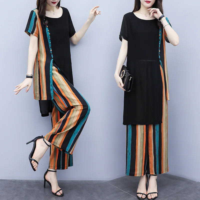 Summer Stripe Chiffon Printed Two Piece Sets Women Plus Size Long Blouse Tops Pants Suits Elegant Boho Womens Set Femme Clothes
Summer Stripe Chiffon Printed Two Piece Sets Women Plus Size Long Blouse Tops Pants Suits Elegant Boho Womens Set Femme Clothes