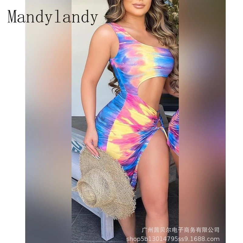 

Mandylandy Summer Sexy Women Dress Sleeveless Sheath Bodycon Dress Clubwear Tie-Dyed One-Shoulder Hollow Out Tied Sexy Dress