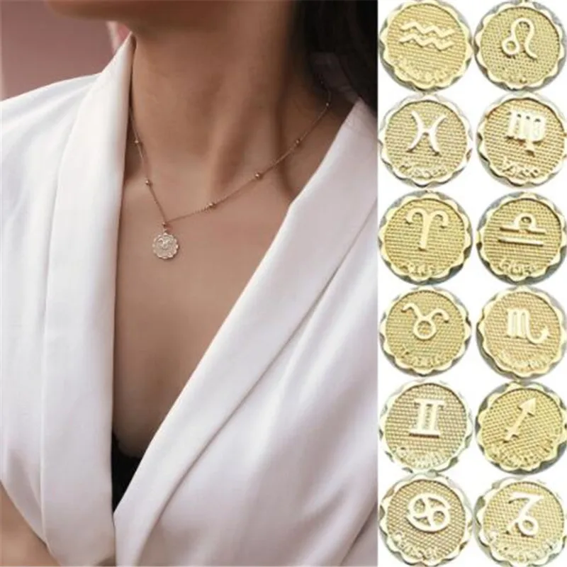 WKOUD Twelve Constellations Coin Necklace Statement Copper Leo Pendant Women Jewelry Horoscope Clavicle Chain | Украшения и