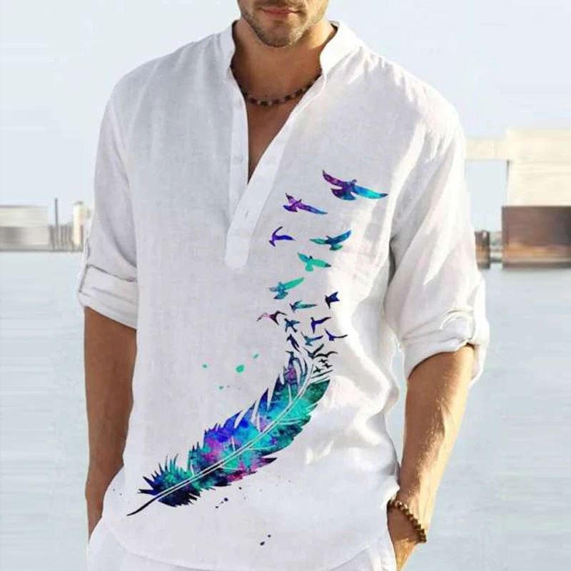 Feather Collarless Pattern Print Shirt New Spring Autumn Causal Long Sleeve Streetwear Male Top Single Breasted Button Men Shirt
Feather Collarless Pattern Print Shirt New Spring Autumn Causal Long Sleeve Streetwear Male Top Single Breasted Button Men Shirt