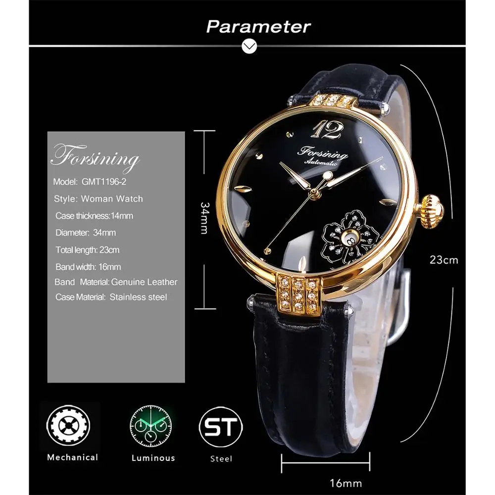 Женские часы с цветами Forsining черные золотые бриллиантами водонепроницаемые