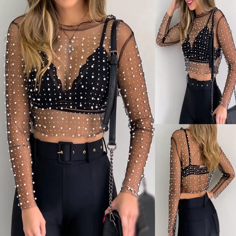 Повседневный сетчатый топ с длинными рукавами и жемчужинами; Женская однотонная короткая футболка черного цвета; Сезон весна-лето
Повседневный сетчатый топ с длинными рукавами и жемчужинами; Женская однотонная короткая футболка черного цвета; Сезон весна-лето