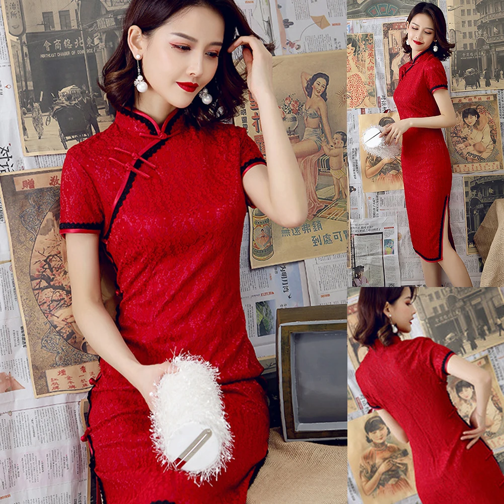 Women Short Sleeve Lace Slit Hem Chinese Cheongsam Banquet Midi Bodycon Dress Short Sleeve Midi Dress Slitting Hem Bodycon Style 
Women Short Sleeve Lace Slit Hem Chinese Cheongsam Banquet Midi Bodycon Dress Short Sleeve Midi Dress Slitting Hem Bodycon Style