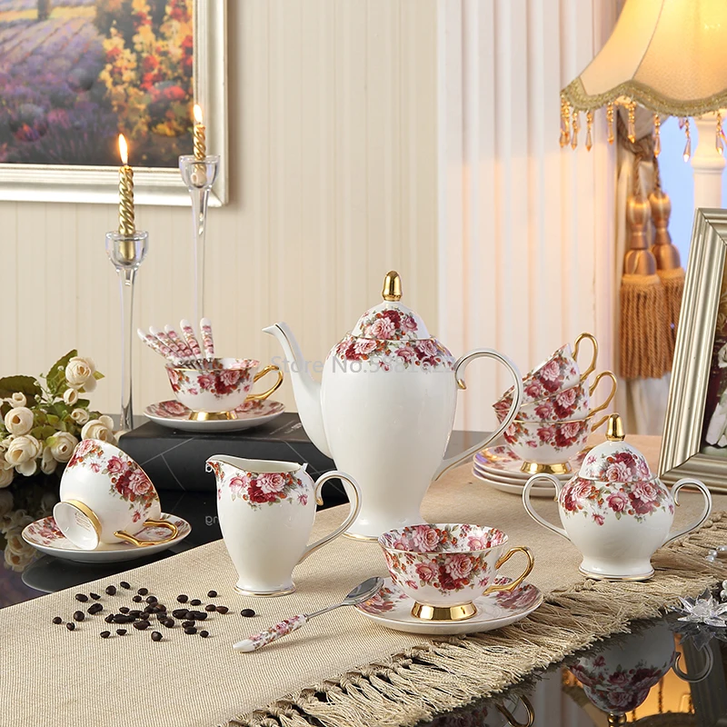 

Пасторальный фарфоровый чайный сервиз с цветами из костяного фарфора, кофейный набор, керамический горшок, кувшин для молока, сахарница, время чая, чайная чашка, кофейная посуда
