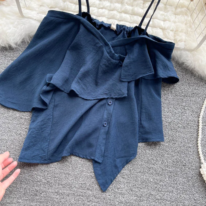 Short top women's design sense minority irregular Ruffle one line collar off shoulder sexy suspender vest
Short top women's design sense minority irregular Ruffle one line collar off shoulder sexy suspender vest