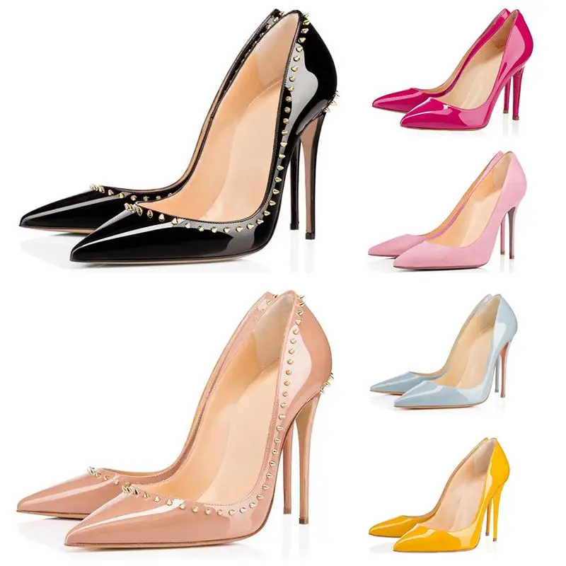 

2021 Red Bottom Fashion High Heels For Women Party Wedding Triple Black Nude Yellow Pink Glitter Spikes Pointed Toes Pumps Dress