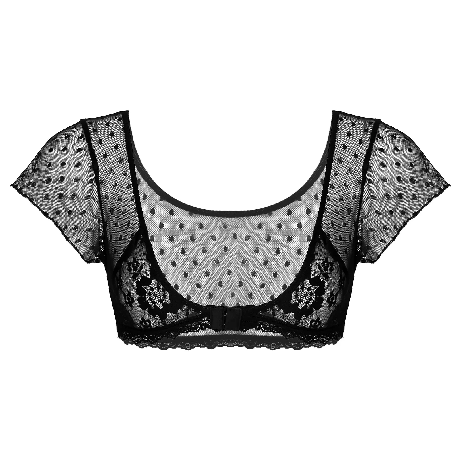 

Women Exotic Tanks Tops Sheer See-through Mesh Bra Crop Top Ladies Cap Sleeve Lace Trim Front Closure Bralette Tops Lingerie