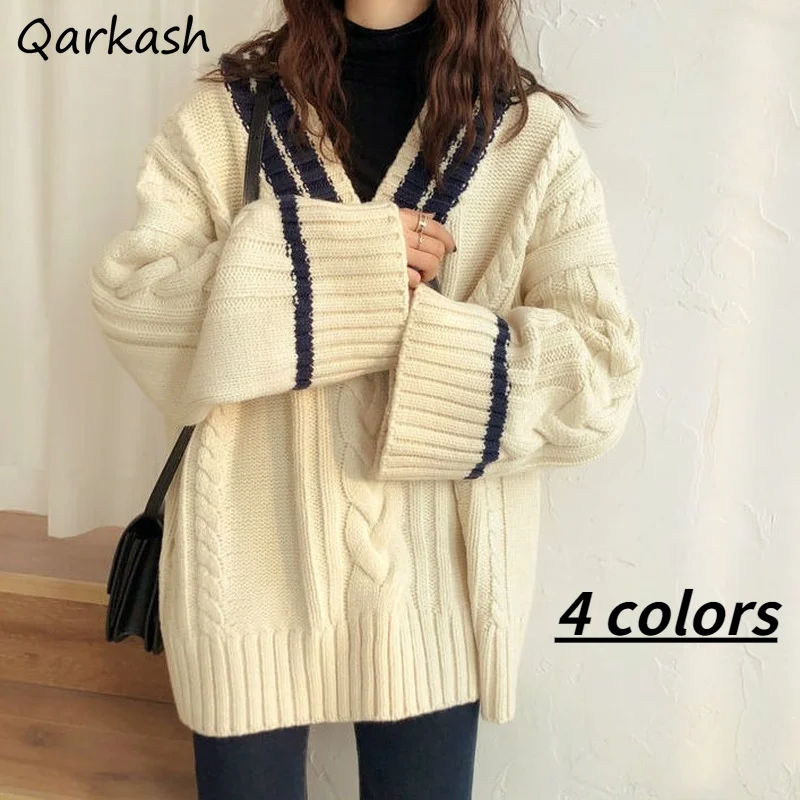 Pullovers Women Jumpers Retro V-Neck All-match Patchwork Preppy Vintage Sweater Thicker Warm Cozy Korean Style Fashion College
Pullovers Women Jumpers Retro V-Neck All-match Patchwork Preppy Vintage Sweater Thicker Warm Cozy Korean Style Fashion College