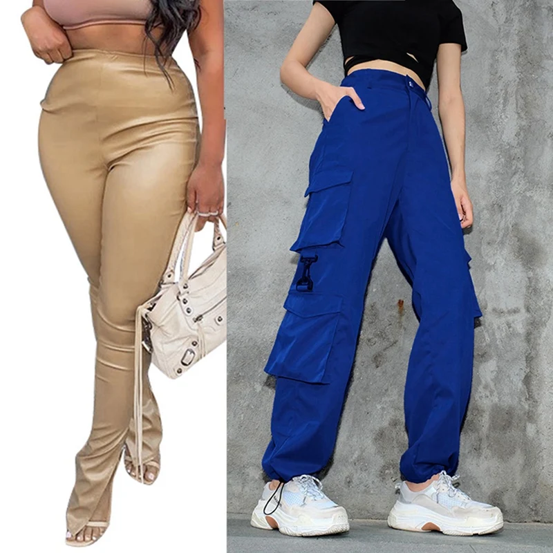 Women's PU Leather Side Slit Stacking Faux Leather Pants Khaki L & Big Pocket Overalls Loose Cargo Pants L Blue
Women's PU Leather Side Slit Stacking Faux Leather Pants Khaki L & Big Pocket Overalls Loose Cargo Pants L Blue