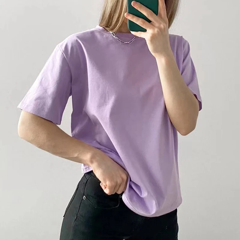 Summer Solid Color Basic Cotton Short Sleeve Women T Shirt O Neck Purple Female Tshirts Oversized Casual Loose Ladies Tops 
Summer Solid Color Basic Cotton Short Sleeve Women T Shirt O Neck Purple Female Tshirts Oversized Casual Loose Ladies Tops
