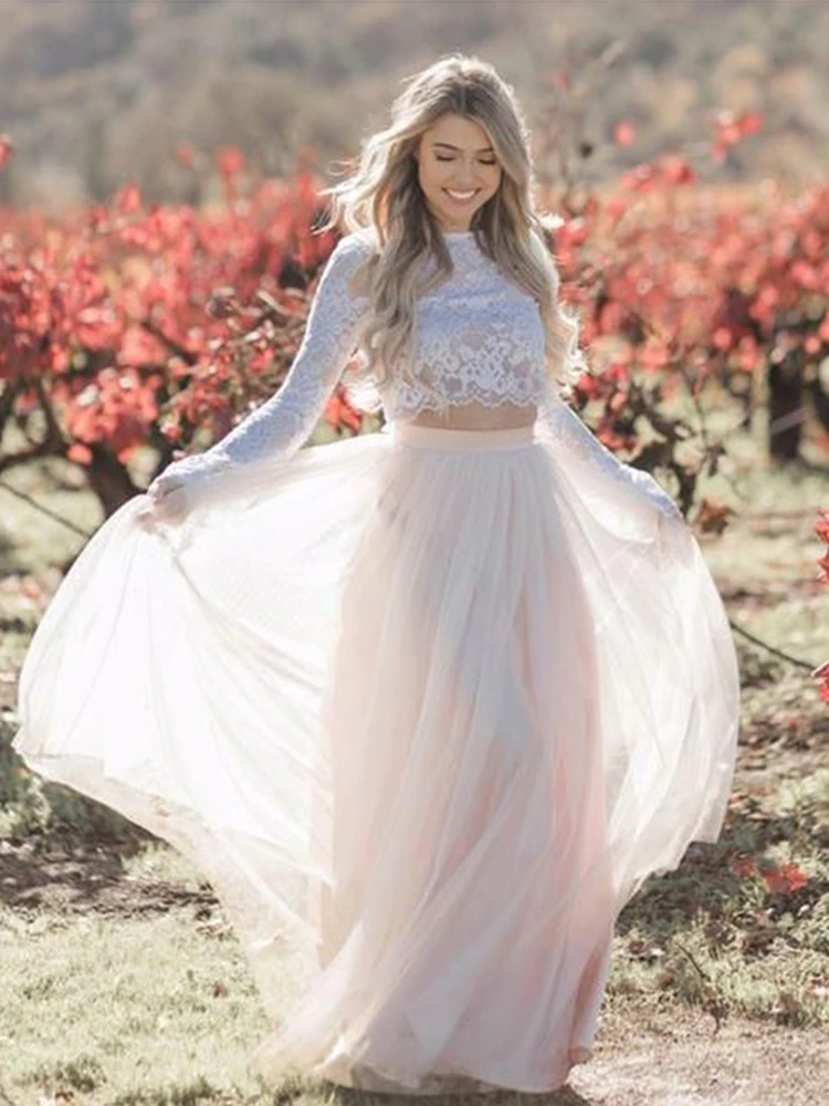 Белый кружевной топ бледно-розовая фатиновая юбка свадебные платья в стиле бохо 2