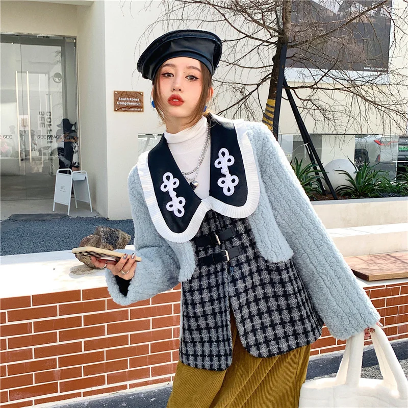 French Doll Collar Fake Two Fur One Coat Thousand Bird Grid Tweed Stitched Fur
French Doll Collar Fake Two Fur One Coat Thousand Bird Grid Tweed Stitched Fur