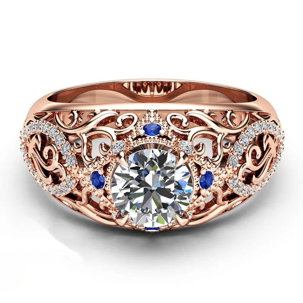 Modern Fashion Women Ring Luxury Noble Rose Gold Openwork Flowers With Blue Diamond Ladies Jewelry Hot Sale Best Gift | Украшения и