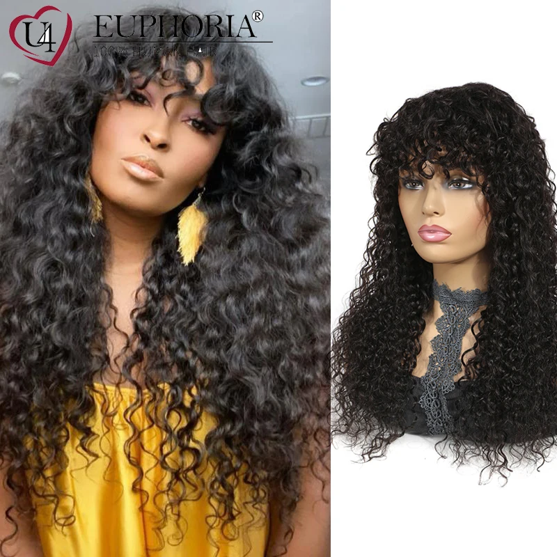 

Brazilian Human Hair Kinky Curly Wigs With Bangs Full Machine Made Cheap Wigs None Lace Wig Natural Color 8-24Inch Euphoria