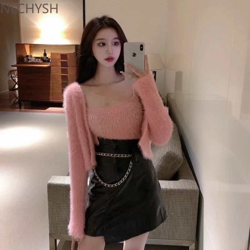 Sweet Korean Sets Autumn Cardigan V Neck Long Sleeve Pink Mohair Sweater Coat Sexy Bottom Camisole Tops Wild
Sweet Korean Sets Autumn Cardigan V Neck Long Sleeve Pink Mohair Sweater Coat Sexy Bottom Camisole Tops Wild