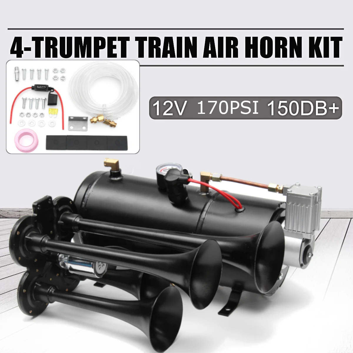 2-Trumpet Train Air Horn 12V Compressor Tubing 150 dB 170 PSI Kit 3L for Car Truck Campers
2-Trumpet Train Air Horn 12V Compressor Tubing 150 dB 170 PSI Kit 3L for Car Truck Campers