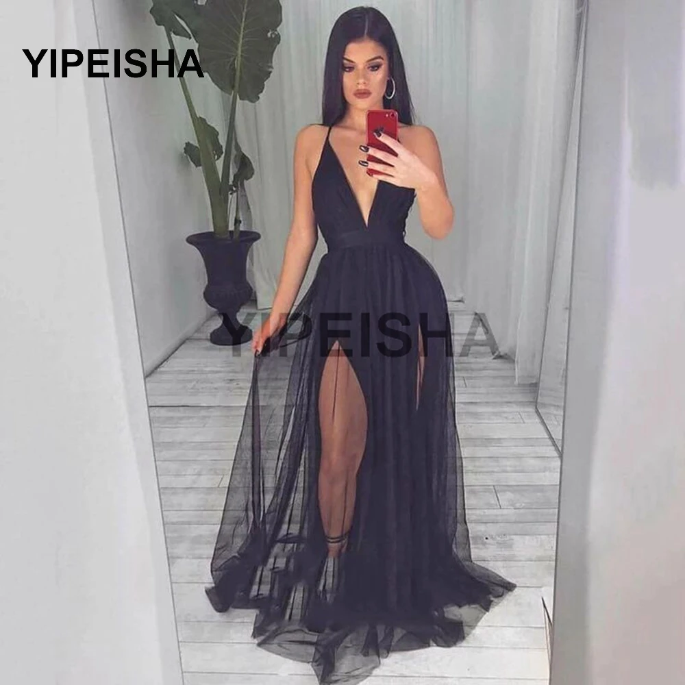 Sexy Black Tulle Deep V-Neck Evening Dress Spaghetti Strap Backless High Split Sleeveless Prom Party Gown robes de soirée
Sexy Black Tulle Deep V-Neck Evening Dress Spaghetti Strap Backless High Split Sleeveless Prom Party Gown robes de soirée