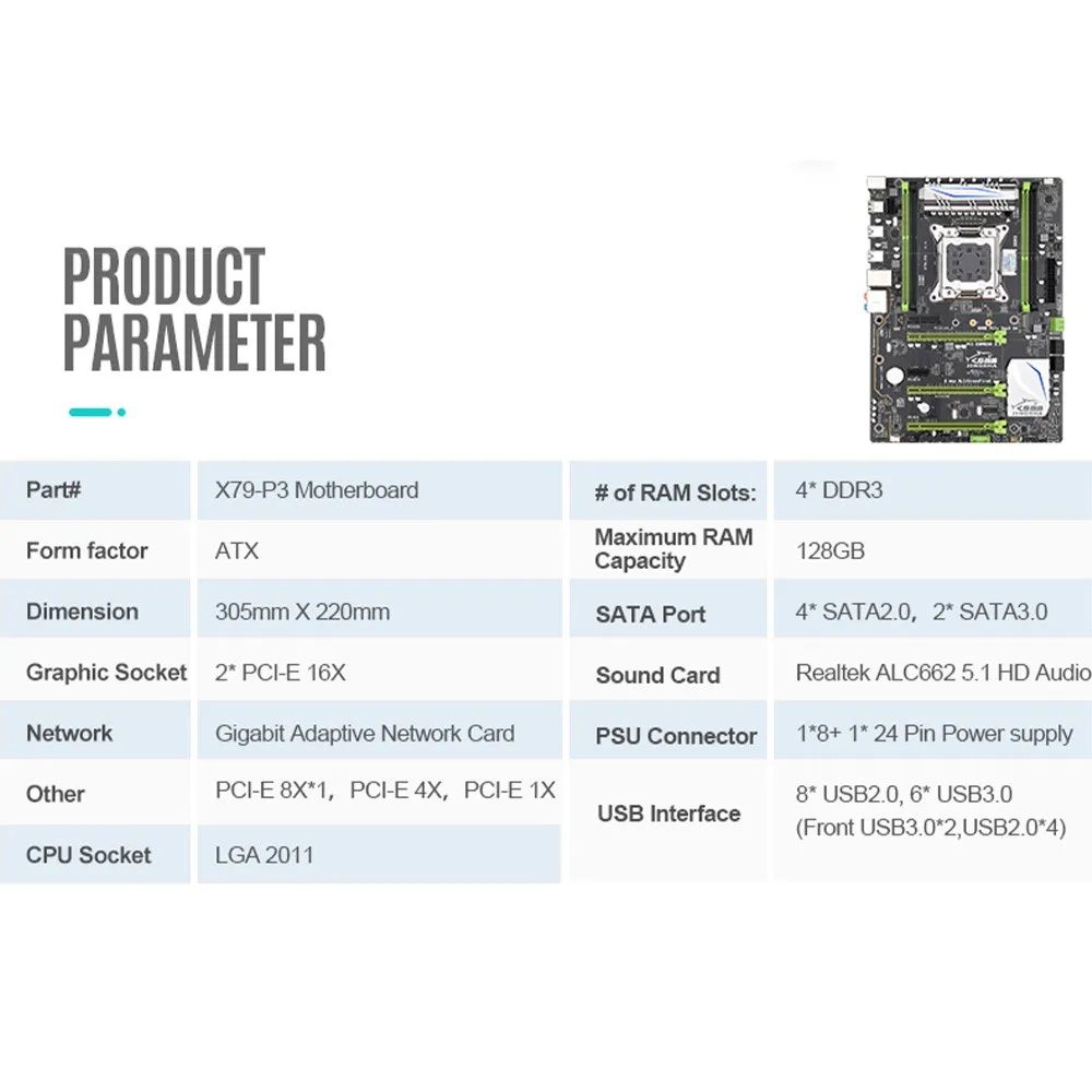 JINGSHA X79-P3 Computer Motherboard ATX Four Channel DDR3 128G USB 3.0 SATA 3.0 Mainboard Support M.2 Nvme for LGA2011 V1/V2
