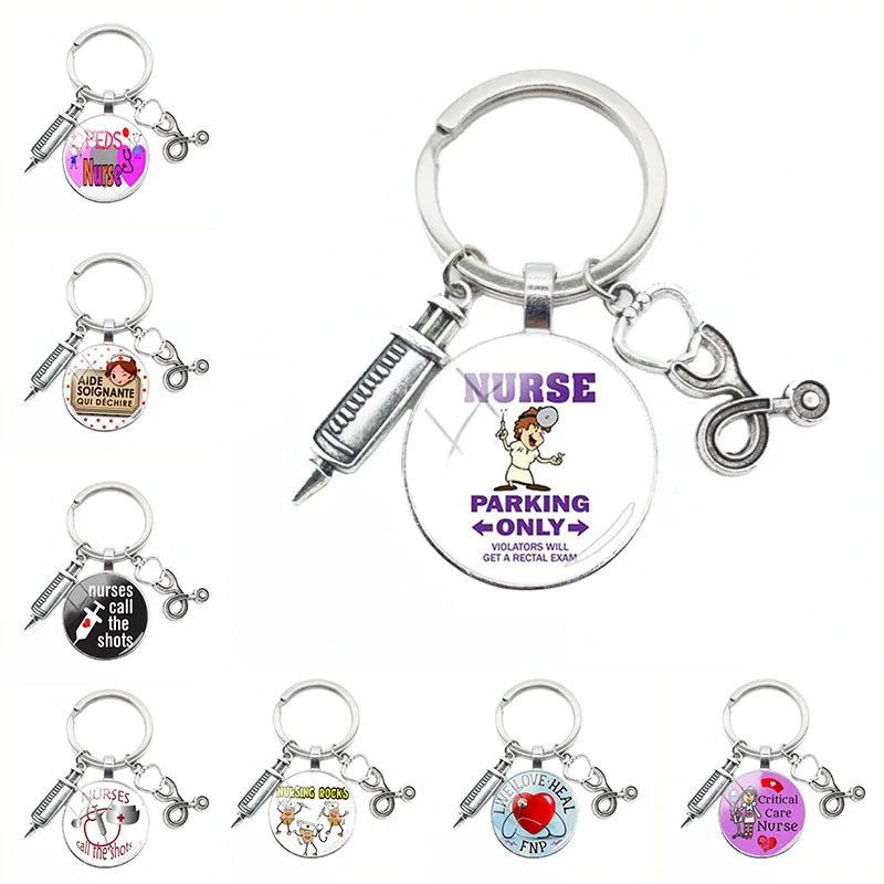 

Latest Home Stethoscope Nurse Syringe Picture Keychain 25mm Round Convex Glass Dome Pendant Men And Women Fashion Charm Keychain