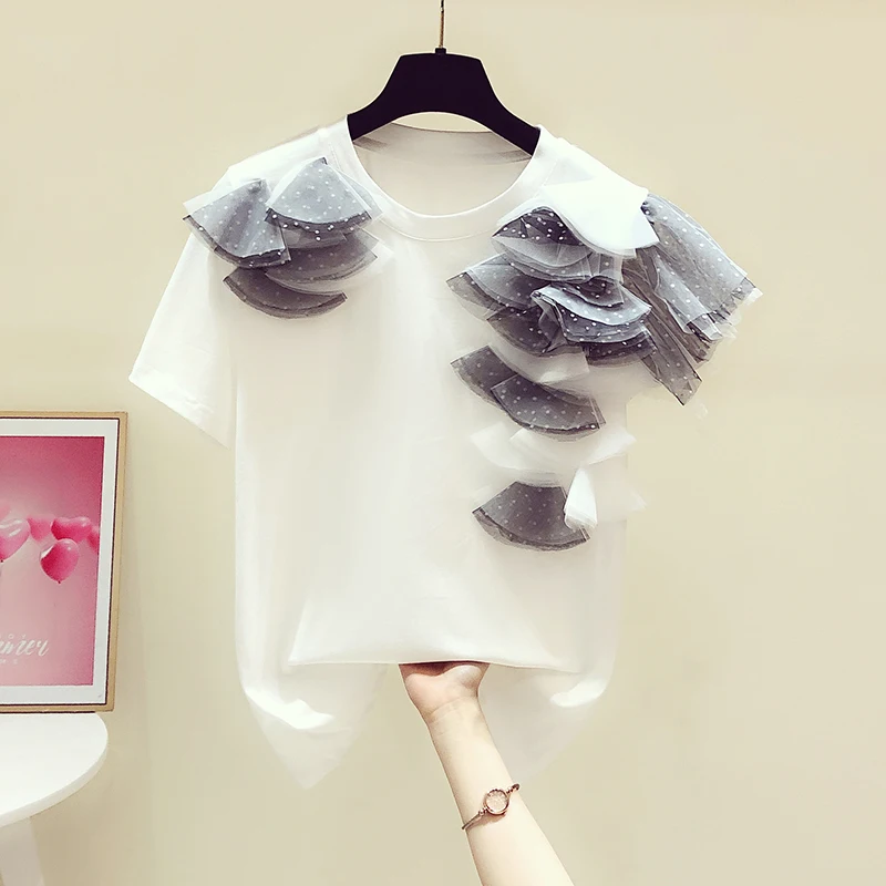 Three-Dimensional Dot Mesh Stitching Round Neck Short-Sleeved T-shirt Female Tops 2021 Summer New Casual Tops Women Tshirt T Tee
Three-Dimensional Dot Mesh Stitching Round Neck Short-Sleeved T-shirt Female Tops 2021 Summer New Casual Tops Women Tshirt T Tee