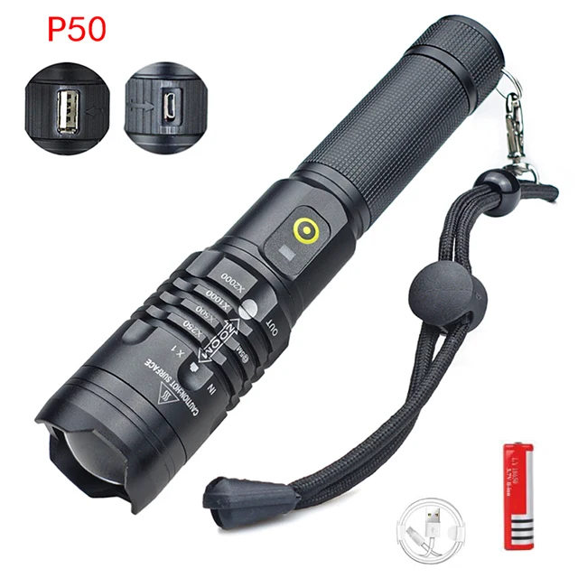 P50 LED Flashlight USB Rechargeable 5 Modes Lighting Zoom Waterproof Ultra Bright for Outdoor Camping 18650 Battery
P50 LED Flashlight USB Rechargeable 5 Modes Lighting Zoom Waterproof Ultra Bright for Outdoor Camping 18650 Battery