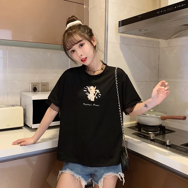 Mesh Stitching Fake Two Pieces Short Sleeve T-shirt Female Ins Trendy Japanese Sweet Short Top Student Versatile 2021 Spring and