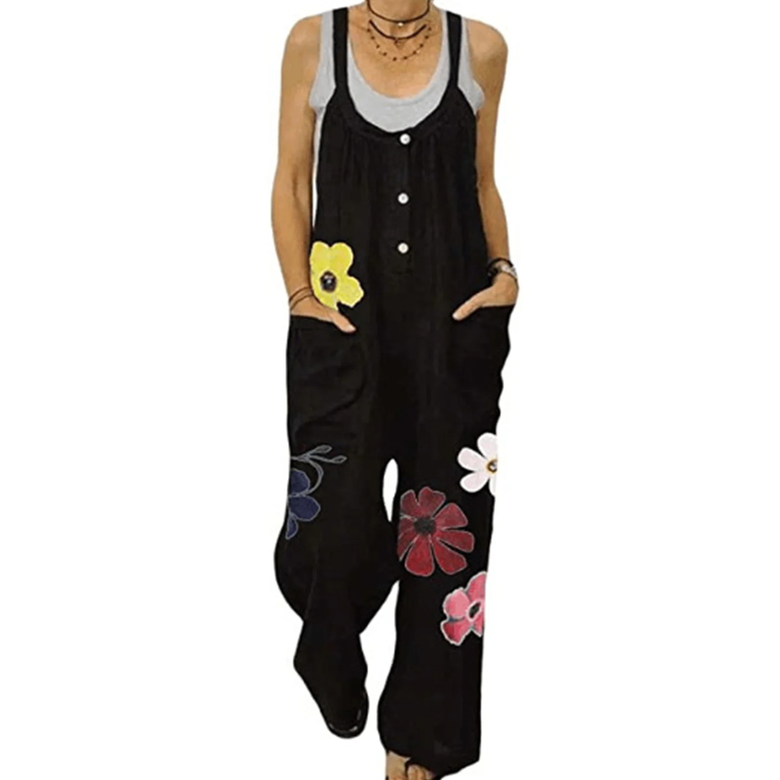 Female Suspender Trousers, Flowers Print U-Neck Sleeveless Jumpsuit with Pockets for Women, Khaki/Black, S/M/L/XL
Female Suspender Trousers, Flowers Print U-Neck Sleeveless Jumpsuit with Pockets for Women, Khaki/Black, S/M/L/XL