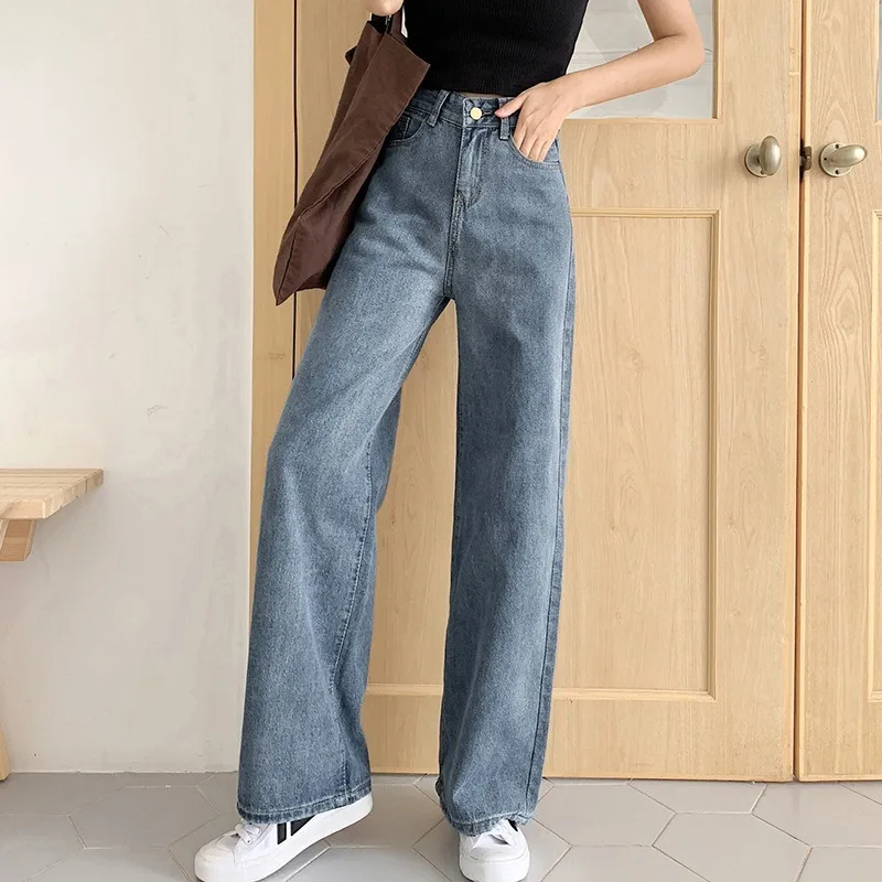 Женские весенние джинсы винтажные черные с высокой талией свободные широкие для