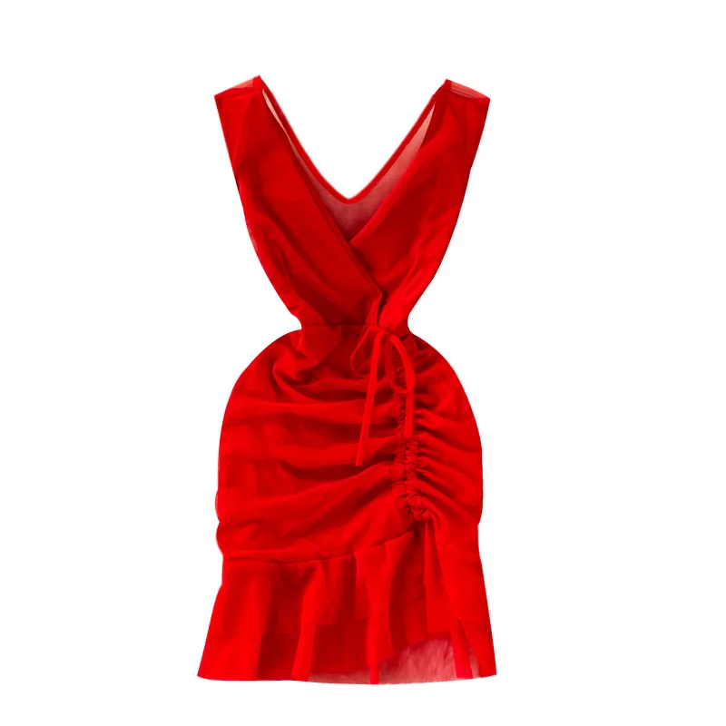 Summer new super deep V-neck low cut pleated drawstring mesh dress short sleeve short skirt
Summer new super deep V-neck low cut pleated drawstring mesh dress short sleeve short skirt