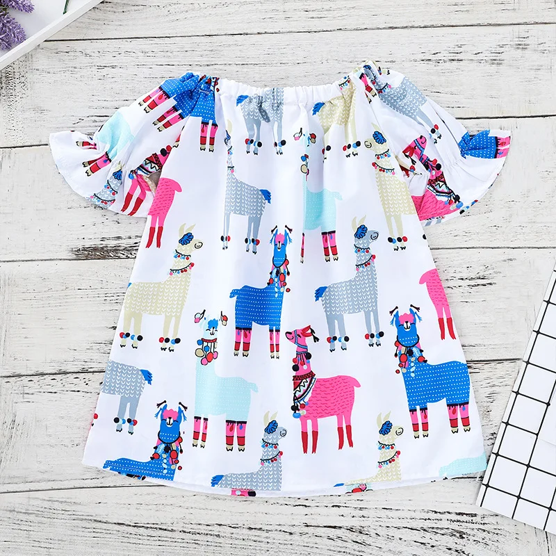 2018 Toddler Girl Dresses Cartoon Alpaca Print Flutter Sleeve Off Shoulder Kids for Girls Short Dress | Детская одежда и обувь