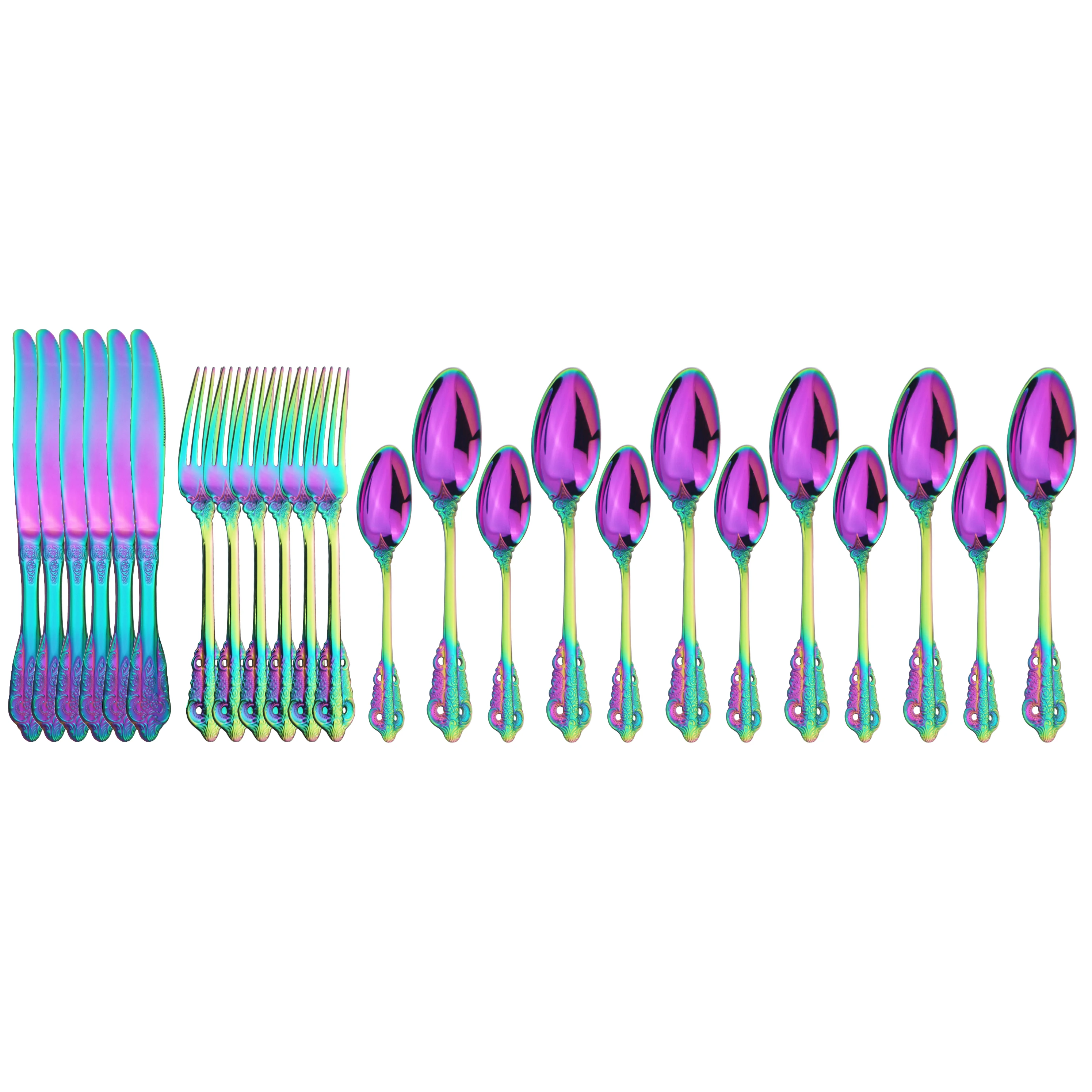 Western 18/10 Stainless Steel Dinnerware Set Luxury 24Pcs Rainbow Cutlery Set Vintage Tableware Set Knives Fork Spoon Dinner Set
Western 18/10 Stainless Steel Dinnerware Set Luxury 24Pcs Rainbow Cutlery Set Vintage Tableware Set Knives Fork Spoon Dinner Set