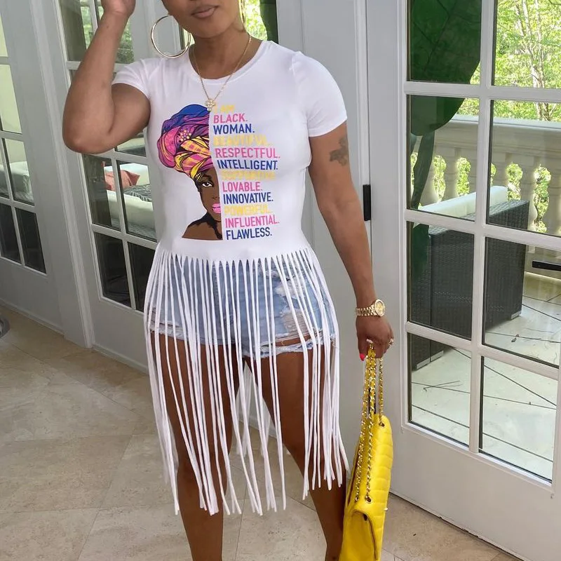 Women Summer Fashion 2021 Casual Short-sleeved Printed Tassel T-shirt Tops Indie Style White Black African Clothing Wholesale
Women Summer Fashion 2021 Casual Short-sleeved Printed Tassel T-shirt Tops Indie Style White Black African Clothing Wholesale