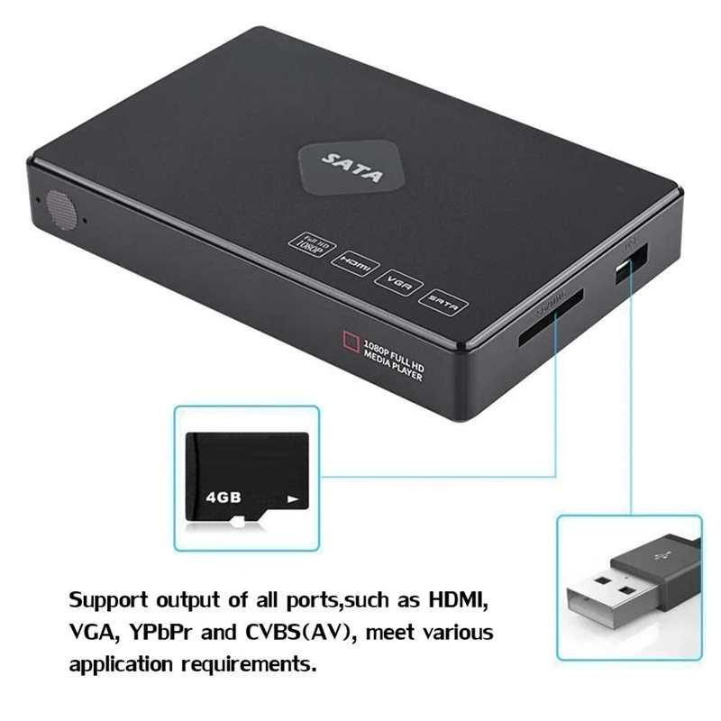 Mini Full HD 1080P 2.5 Inch SATa HDD Player Video Audio Media with HDMI/VGA/AV/USB/SD/MMC/Optical Output EU Plug | Электроника