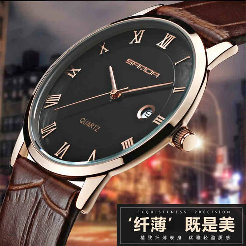 

7mm Super Slanke Mode SANDA Heren Horloges top brand luxe fashion Echt Lederen Horloge Mannen Kalender Klok relogio masculino